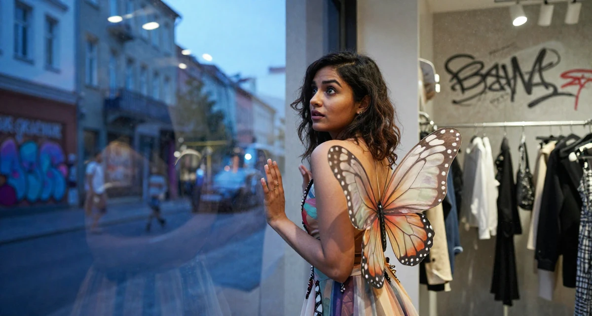 A awestruck Female From New Delhi India, majored in English literature in their 23, refining video style through trial and error, wearing a butterfly-themed fairy dress with large wings, looking out the window in a clothing boutique.