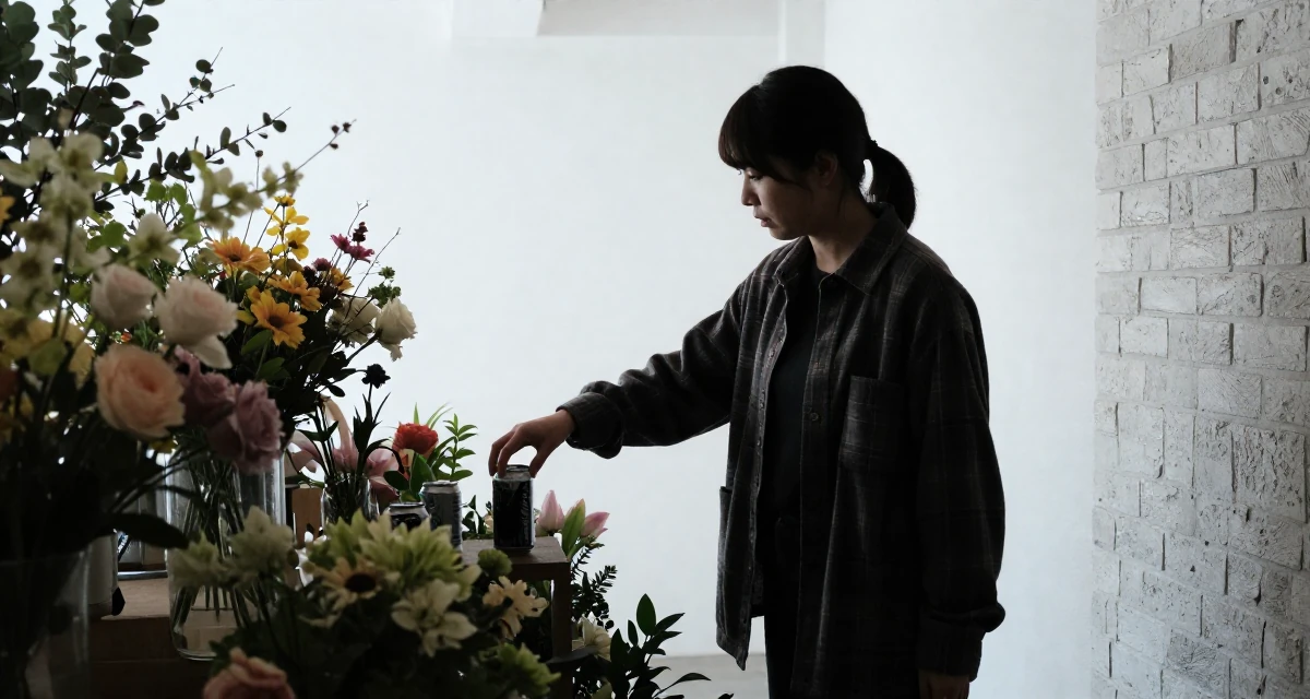 A expectant Female From Japan, studied English literature in their 22, entering the workforce with limited experience, wearing a cozy oversized flannel, opening a soda can in a flower shop.