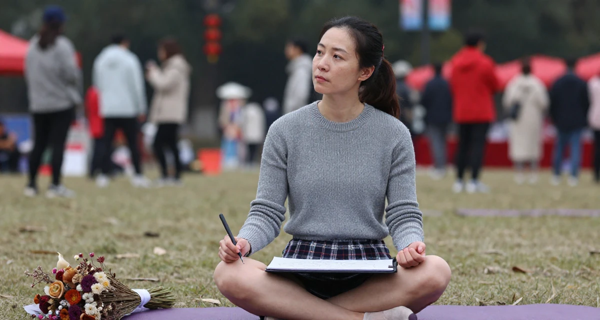 A relaxed and observant Female From Chongqing China, holds a degree in psychology in their 48, fitness instructor focused on mobility and strength, wearing a fitted merino wool sweater and plaid mini skirt, sketching on a pad in a quiet park.