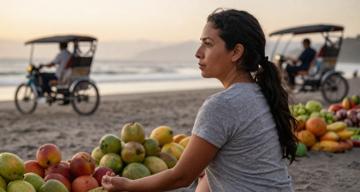 A relaxed and observant Female From Ecuador, studied system engineering in their 45, focusing on mental clarity and meditation, wearing a grey tones casual wear, glancing over the shoulder in a sunset beach.