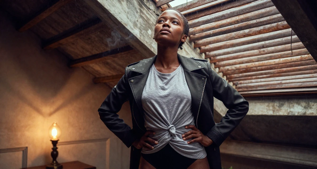 A fearless Female From Mombasa Kenya, practiced swimwear aesthetics in coastal campaigns in their 34, exuding quiet confidence and authority, wearing a structured jacket with casual tee, looking up at the sky in a attic room.
