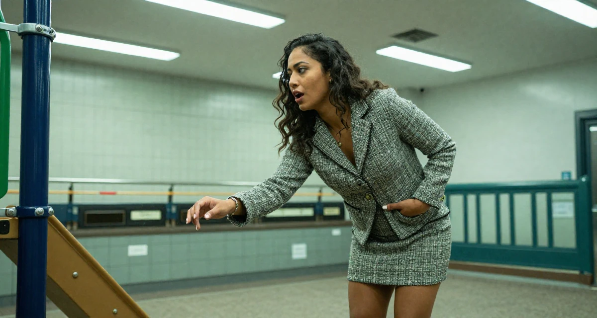 A vibrant Female From Canada, trained in advertising and branding in their 29, learning self-discipline the hard way, wearing a tweed mini skirt and a matching jacket, reaching for a pocket in a school playground.