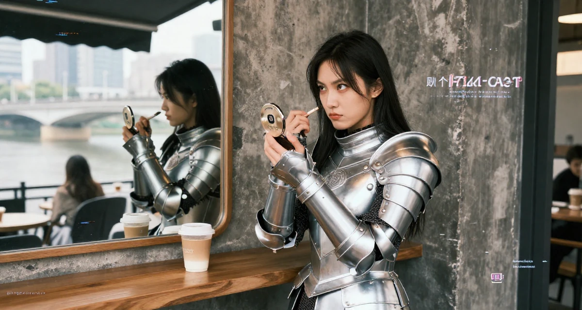 A rebellious Female From China, based in Chengdu, graduated from a vocational college majoring in digital communication in their 31, recently paid off student loans, wearing a fantasy warrior princess armor made of silver metal, checking makeup in a compact mirror in a coffee shop corner.