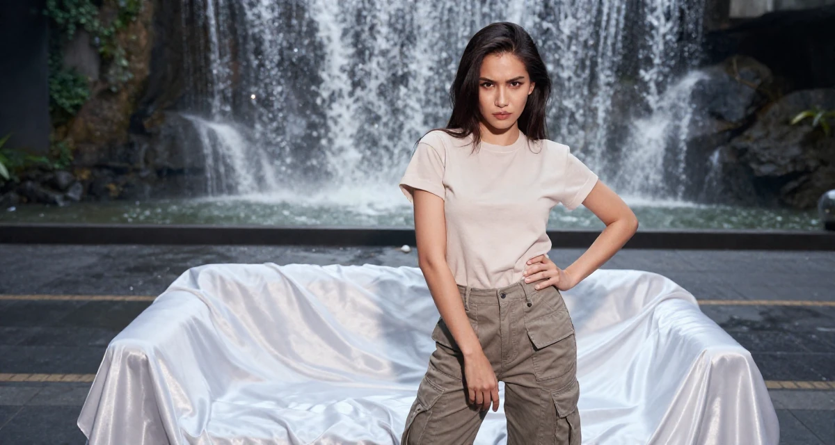 A cynical Female From Bangkok Thailand, learned nightclub choreography and costume design in their 30, focused on paying off debt and financial freedom, wearing a simple t-shirt and cargo pants, clasping hands together in a city sidewalk.