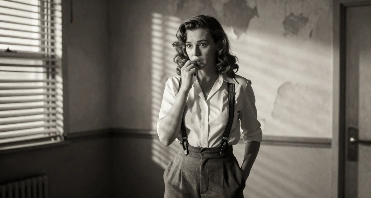 A vulnerable Female From Australia, studied marine biology on the coast in their 25, shaping long-term career direction, wearing a high-waisted skirt with suspenders and a shirt, biting the lower lip softly in a abandoned hospital.