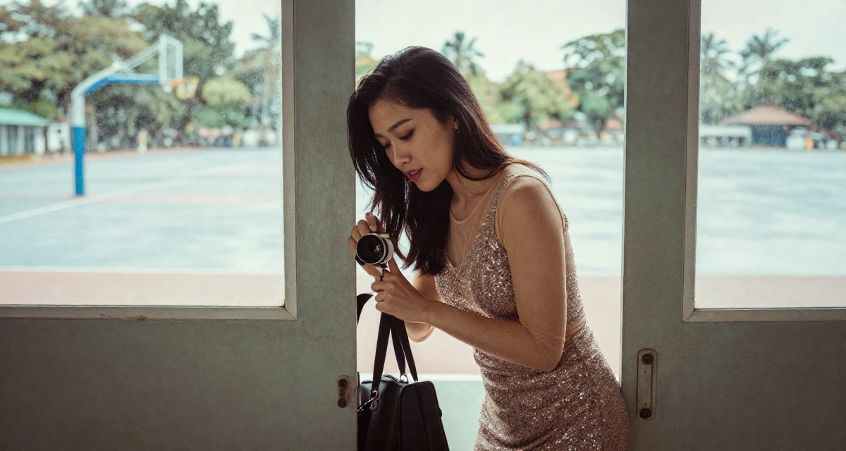 A lighthearted Female From Malaysia, based in Malacca, graduated from a creative college majoring in sensual composition design in their 31, teaching photography and editing skills, wearing a ice skater sparkly dress with sheer sleeves, looking through a bag in a basketball court.