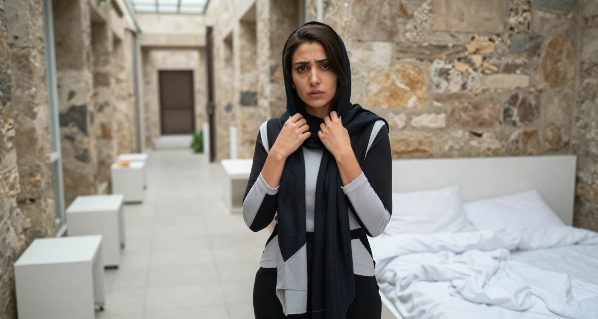 A worried Female Born in Iran, majored in multimedia communication in their 20, exploring identity through bold fashion choices, wearing a modern tech-wear inspired look, adjusting a scarf in a zoo pathway.