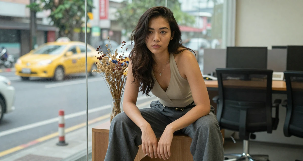 A aloof but intriguing Female From Cebu Philippines, majored in nursing in their 24, starting to feel comfortable in their own skin, wearing a halter neck top and wide-leg office trousers, cracking knuckles in a office break room.