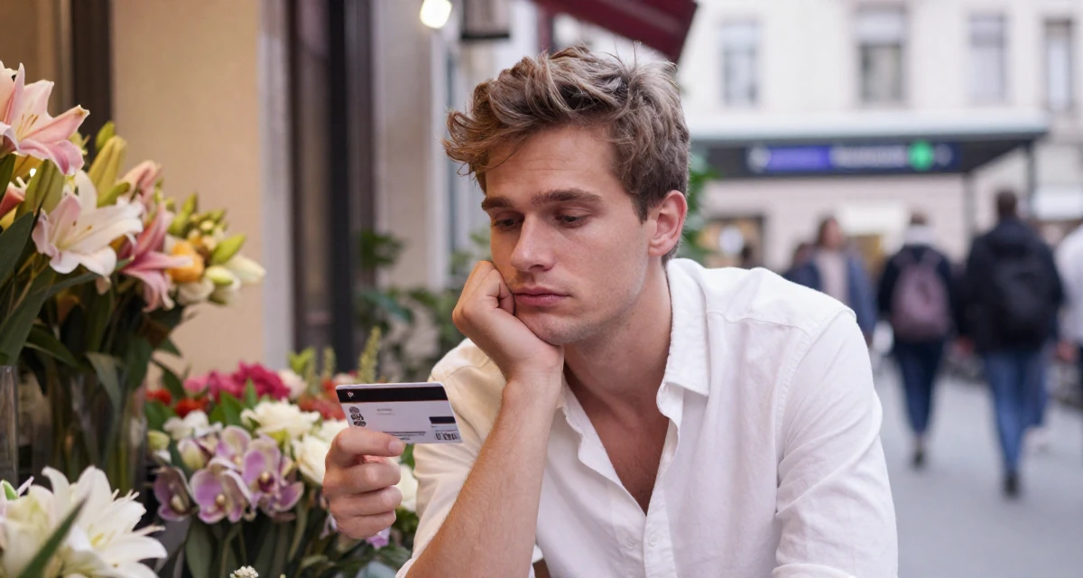 A fragile male Raised in Poland, majored in entrepreneurship studies in their 25, strengthening personal boundaries and priorities, wearing a white shirt unbuttoned to the chest, holding a subway card in a flower shop.