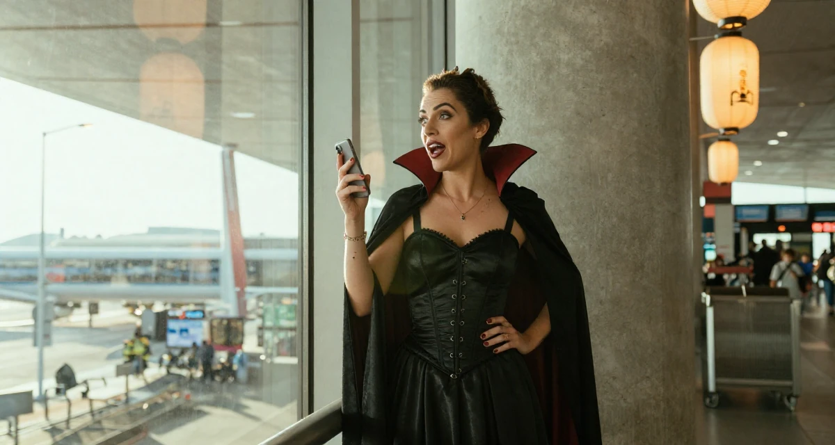 A passionate Female Former firefighter trainee, now producing strength-based content in their 23, shifting from spontaneous posting to planned batches, wearing a vampire queen gown with a high collar and corset, looking at a reflection in a window in a airport terminal.
