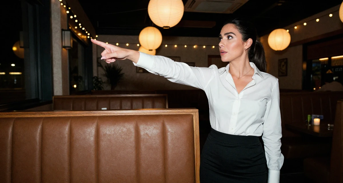 A expectant Female From Miami USA, studied body aesthetics and bikini competition prep in their 25, still unsure how to price beginner subscriptions, wearing a fitted white button-down shirt and a black pencil skirt, pointing at something distant in a restaurant booth.