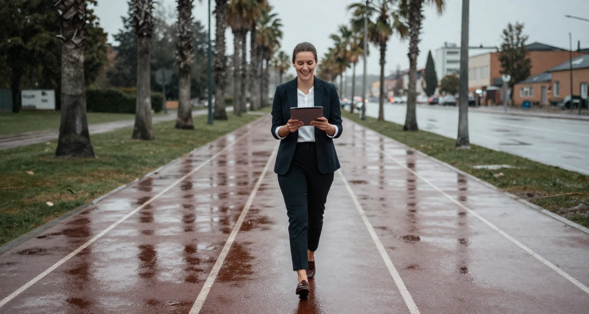 A relaxed and happy Female From Sweden, based in Malmö, graduated from a media school majoring in expressive content aesthetics in their 23, learning to set boundaries with bosses, wearing a polished loafer and trousers look, holding a tablet device in a running track.
