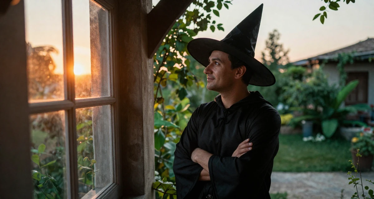 A pleased male From Ankara Türkiye, holds a degree in international trade in their 37, rebuilding savings after unexpected expenses, wearing a classic witch costume with a wide-brimmed hat, looking at a reflection in a window in a dungeon cell.