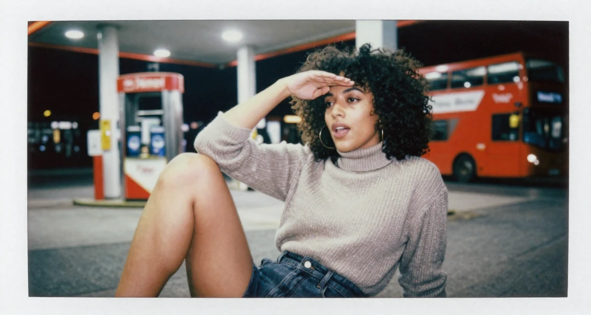 A passionate Female From UK, studied anthropology in their 25, embracing full creative control over a bold persona, wearing a turtleneck sweater tucked into high-waisted shorts, shading eyes with a hand in a gas station at night.
