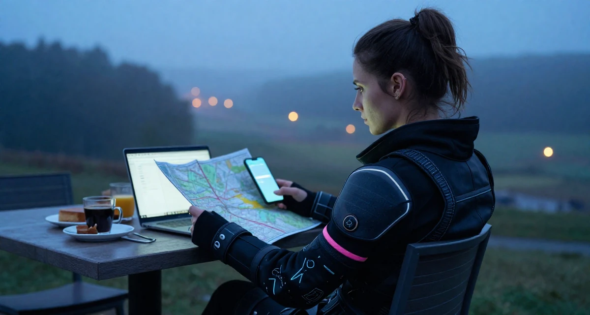 A settled Female From the Netherlands, studied user experience design in their 23, radiating a quiet determination to succeed, wearing a cyberpunk street samurai gear with neon accents, looking at a map in a breakfast nook.