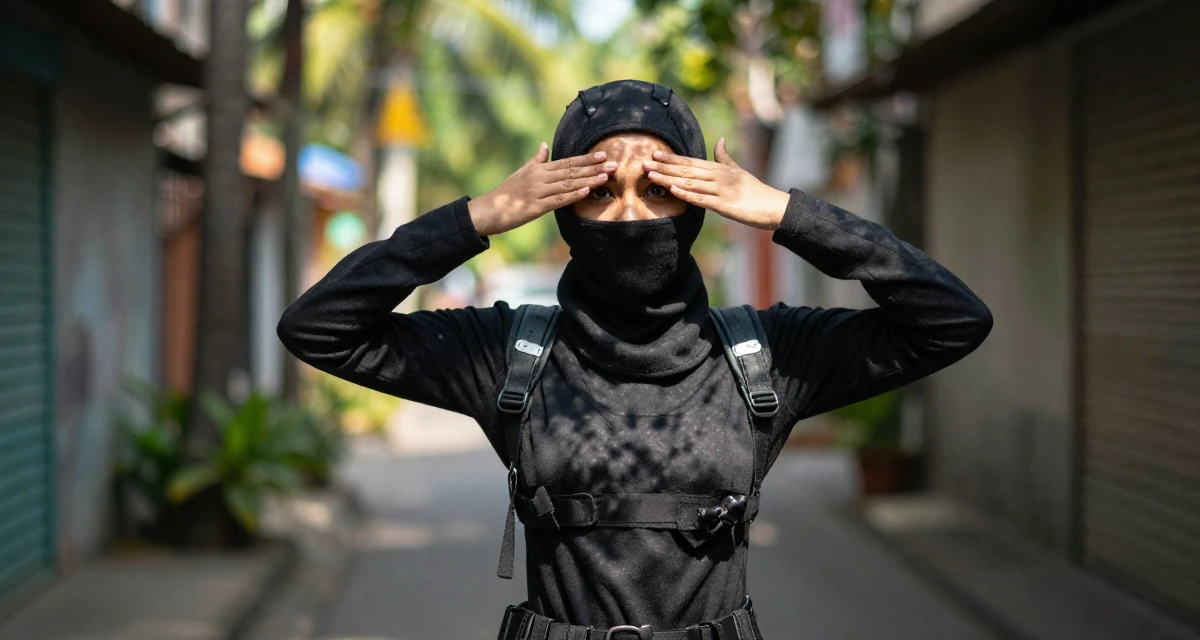 A fearless Female From Manila Philippines, studied mass communication in their 23, changing career paths with terrifying courage, wearing a tech-wear ninja outfit with a face mask, covering eyes from the sun in a narrow hallway.
