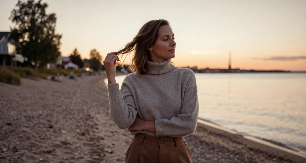 A serene and peaceful Female From Gothenburg Sweden, studied sustainable development in their 37, creating a slow-living lifestyle in the suburbs, wearing a turtleneck sweater tucked into high-waisted shorts, fixing a loose strand of hair in a sunset beach.