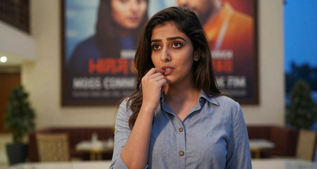 A vibrant Female From Pakistan, majored in mass communication in their 25, still unsure how to price beginner subscriptions, wearing a button-up shirt dress with the top buttons undone, biting a lip thoughtfully in a luxury hotel lobby.