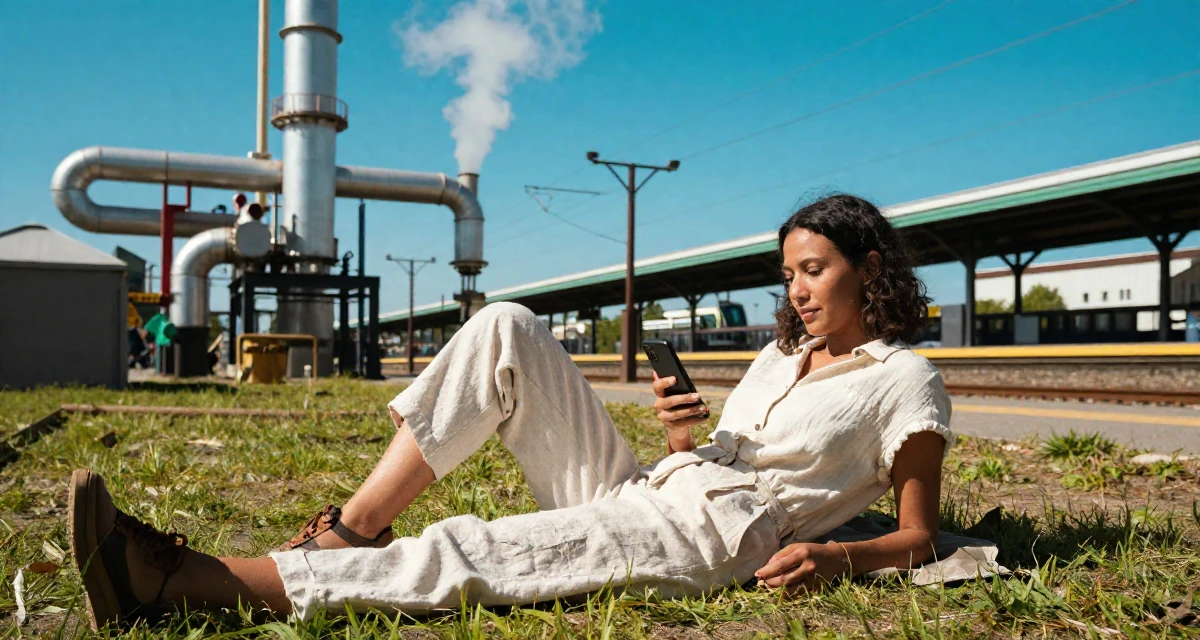 A mellow Female From Canada, trained in advertising and branding in their 24, learning to prioritize emotional well-being, wearing a chic summer linen outfit, reading a text message in a camping site.