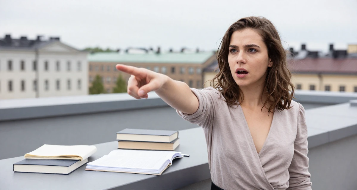 A eager Female From Finland, majored in educational psychology in their 22, missing the freedom of student days, wearing a wrap blouse with a deep neckline, shivering slightly in a rooftop terrace.