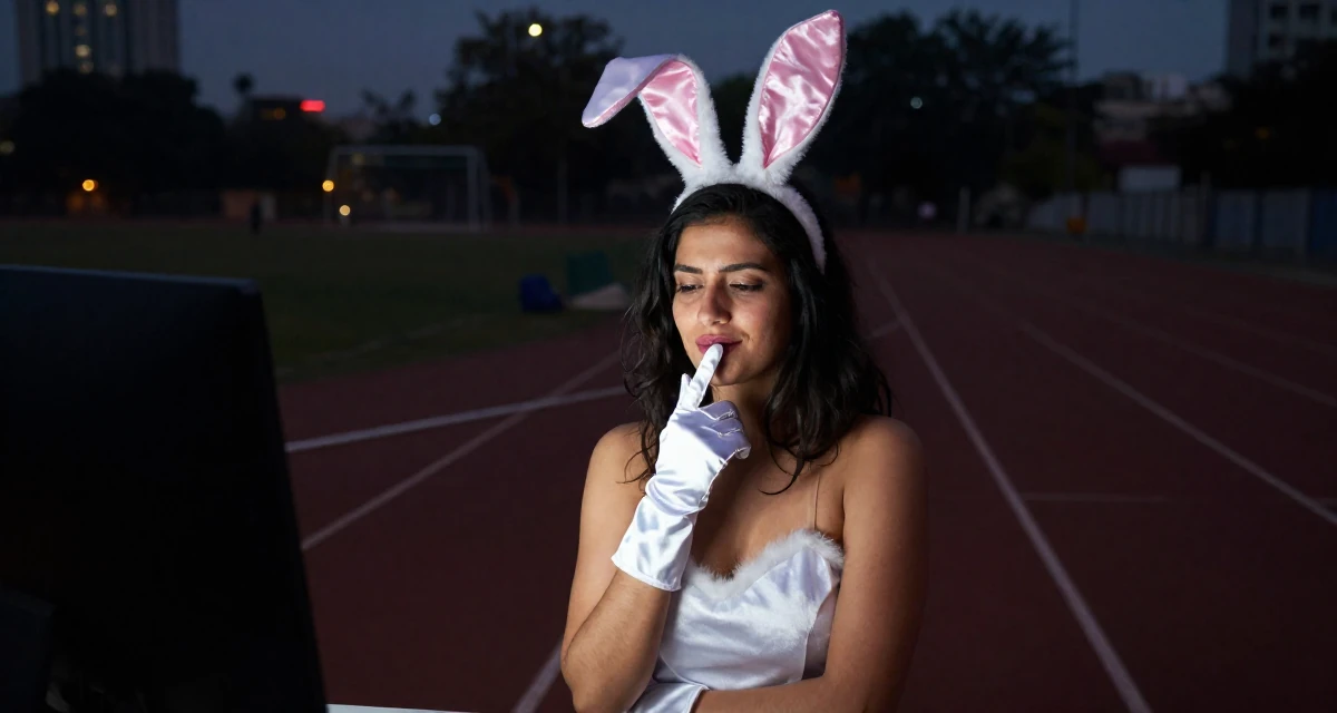 A quietly happy Female From New Delhi India, majored in English literature in their 23, tired of the hookup culture and dating apps, wearing a playful bunny girl costume with satin ears and cuffs, putting on a glove in a running track.