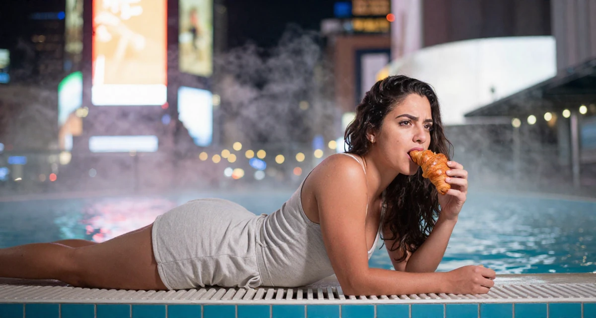 A pouting Female From Brazil, majored in sociology in their 25, trying to avoid burnout from overthinking every post, wearing a cotton jersey romper that fits tightly, eating a croissant in a swimming pool.