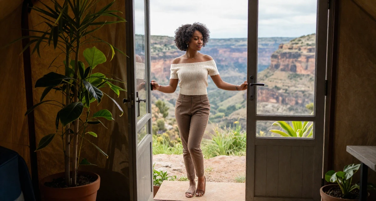 A gentle Female From Trinidad & Tobago, studied performing arts in their 20, buzzing with naive optimism and caffeine energy, wearing a off-the-shoulder knit top and fitted trousers, opening a door in a camping site.