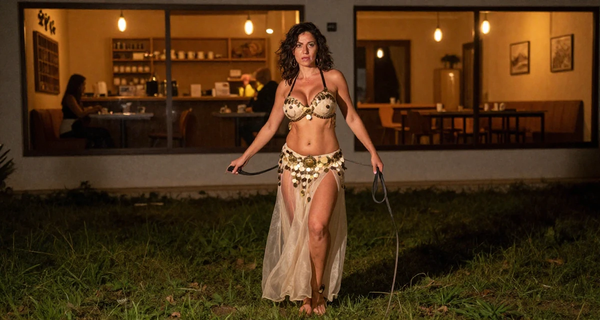 A fearless Female From Thessaloniki Greece, majored in international economics in their 41, documenting a mid-life fitness transformation, wearing a belly dancer outfit with sheer fabrics and coins, holding a leash in a grassy field.