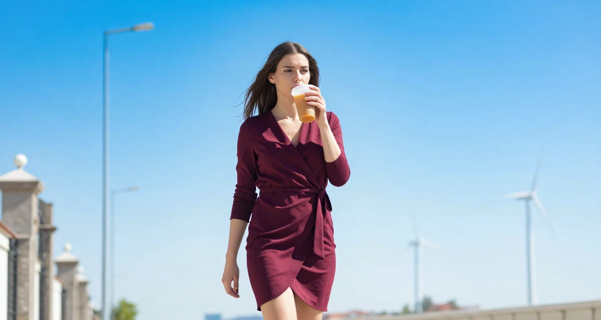 A solemn Female From Serbia, based in Niš, graduated from a media program majoring in intimate persona development in their 28, dealing with fatigue from years of online performance, wearing a elegant wrap dress in deep burgundy, sipping a warm drink in a neon-lit street.