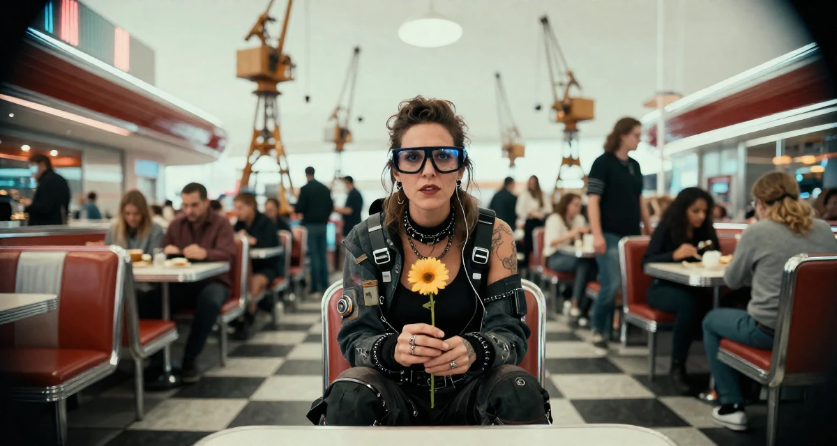 A wild Female From Marseille France, majored in culinary arts in their 41, rediscovering personal style after forty, wearing a cyberpunk hacker outfit with oversized tech glasses, holding a single flower in a retro 50s diner.