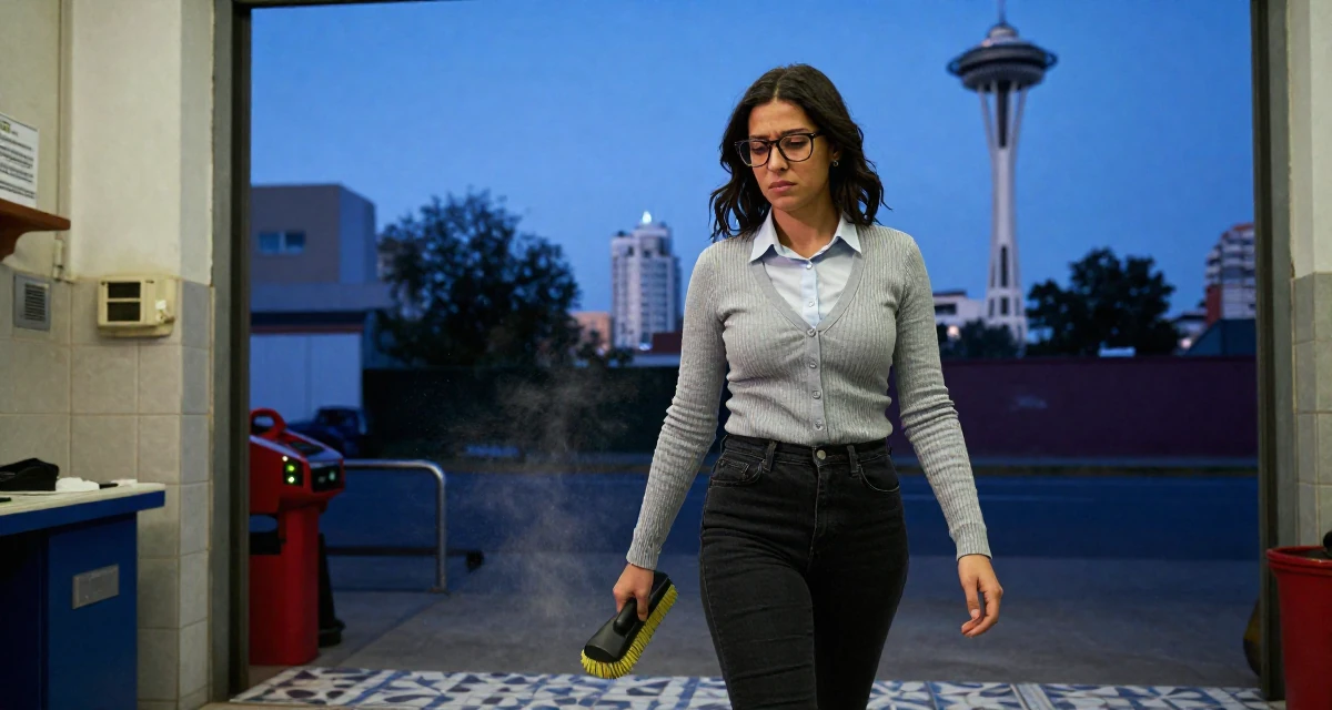 A stressed Female From Argentina, based in Buenos Aires, graduated from a media institute majoring in flirtatious content styling in their 28, saving aggressively for first home, wearing a librarian outfit with glasses and a tight cardigan, brushing off dust in a mechanic garage.