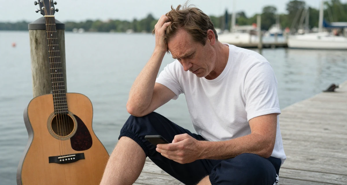 A tired male From Toronto Canada, self-taught in boudoir lighting and set styling in their 26, facing the fear of aging out before even “making it”, wearing a school gym uniform with bloomers and a white t-shirt, scrolling casually in a lakeside dock.