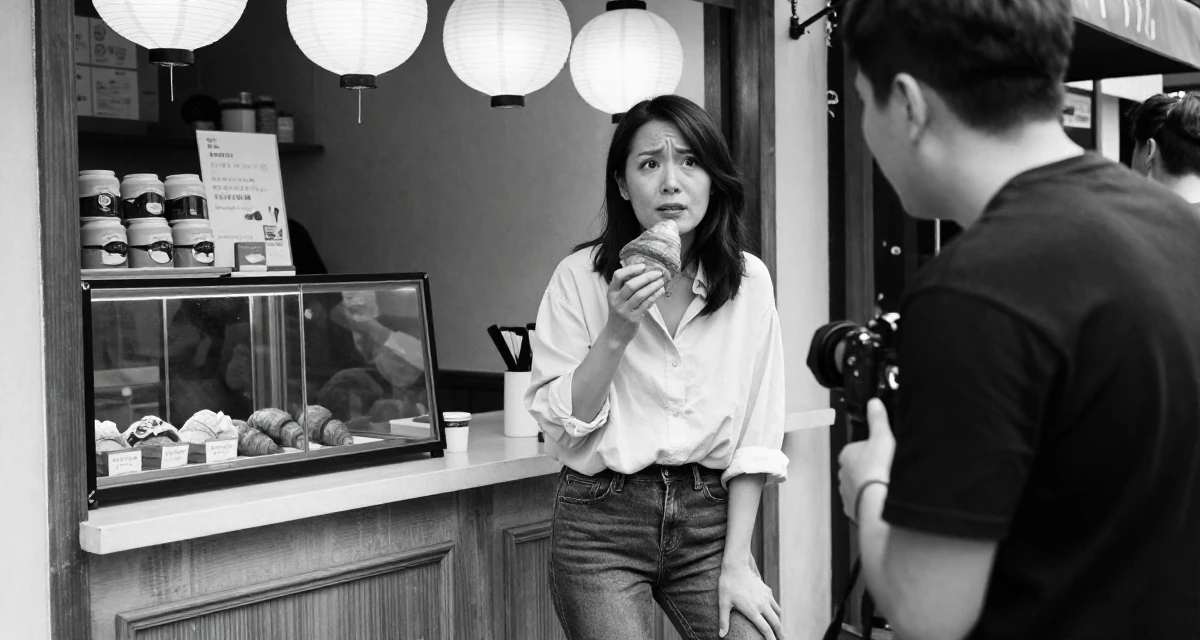 A worried Female From Nanjing China, picked up videography working backstage at events in their 49, savvy investor sharing retirement planning tips, wearing a loose fitting blouse tucked into tight jeans, eating a croissant in a bakery counter.