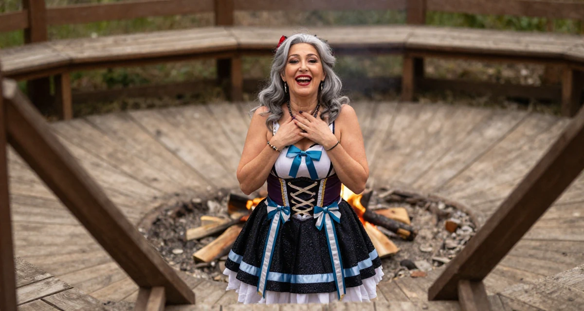 A ecstatic Female From Thessaloniki Greece, practiced warm-tone aesthetic storytelling in their 48, embracing grey hair with style and grace, wearing a anime idol stage costume with ribbons and glitter, touching a necklace in a campfire circle.