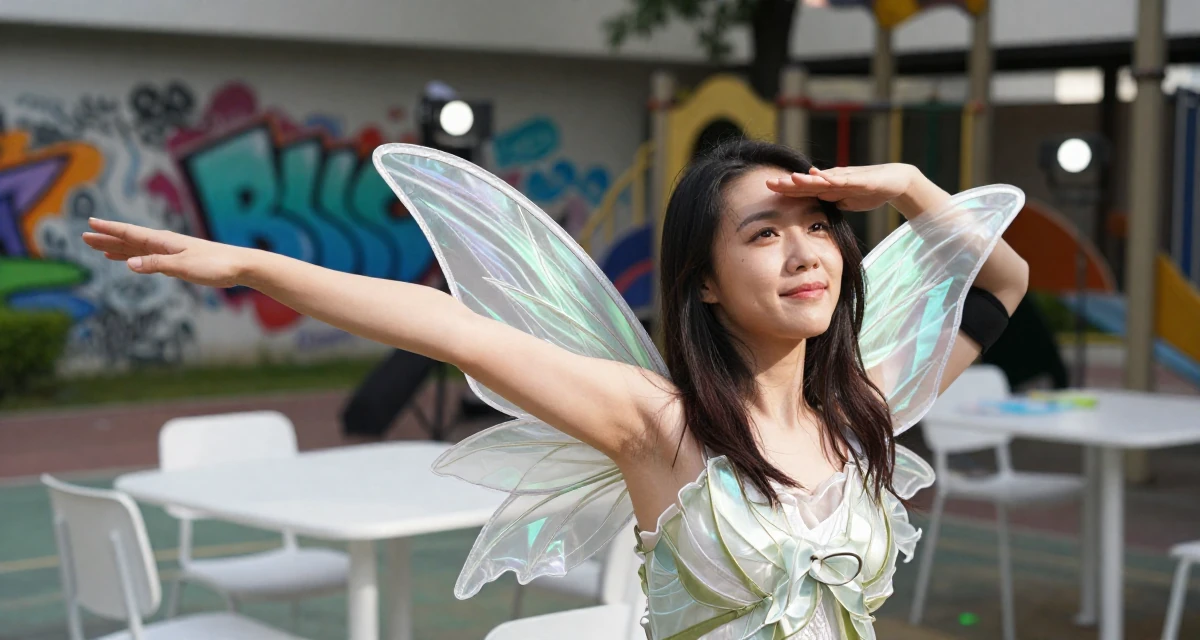 A lighthearted Female Former sales rep, now leveraging charisma for digital storytelling in their 33, protecting personal time fiercely, wearing a fairy costume with translucent iridescent wings, shading eyes from the sun in a school playground.