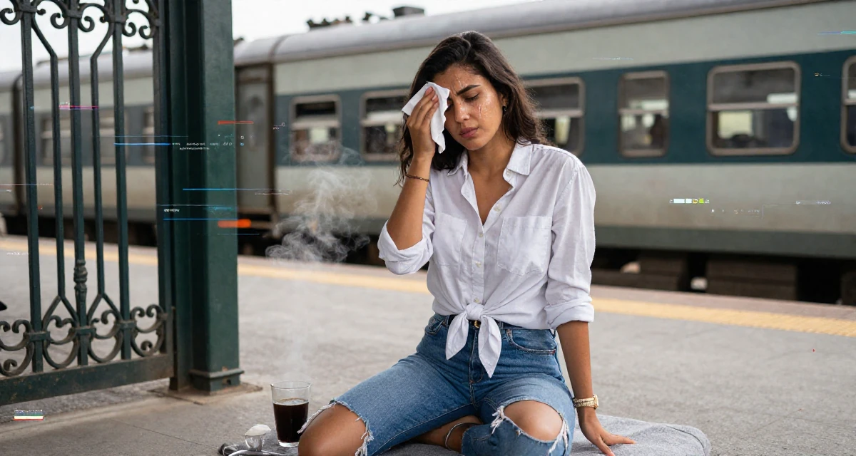 A carefree Female From Abu Dhabi UAE, studied finance and banking in their 23, dealing with fluctuating subscriber numbers, wearing a button-down shirt tied at the waist and denim cutoffs, wiping sweat from the brow in a train platform.