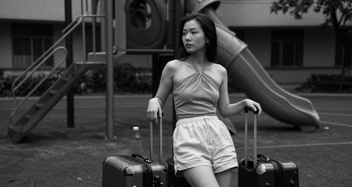 A cold and distant Female From ChangSha China, holds a degree in human resource management in their 23, saving aggressively for a dream travel trip, wearing a criss-cross halter neck top and linen shorts, pulling a suitcase in a school playground.
