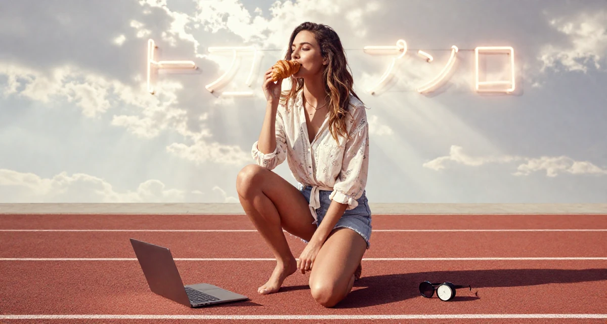 A self-assured Female From Vienna Austria, studied stage performance and sensual movement in their 29, balancing content creation with part-time work, wearing a breezy summer vacation outfit, eating a croissant in a running track.