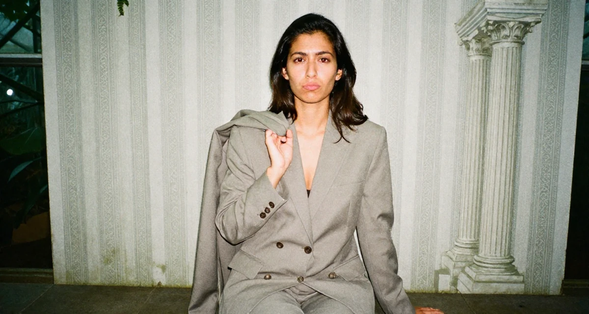 A pouting Female Grew up in Nepal, majored in marketing analytics in their 25, adopting healthier routines for career growth, wearing a relaxed fit suit separate, holding a jacket over a shoulder in a greenhouse interior.