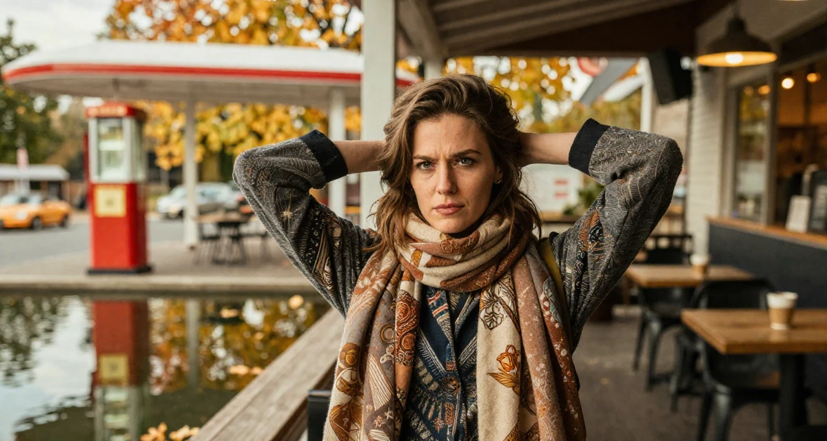 A arrogant Female Former graphic design student, now using visuals for intimate storytelling in their 33, embracing a solo travel lifestyle, wearing a artistic layered clothing, wrapping a scarf around the neck in a trendy coffee shop.