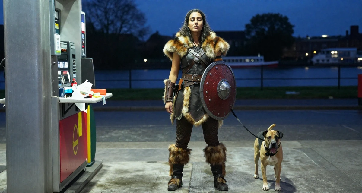 A zen-like Female From Arabic-speaking world, studied business law in their 29, battling algorithm changes that destroy momentum, wearing a viking shield-maiden outfit with fur and leather, walking a dog (leash visible) in a gas station at night.