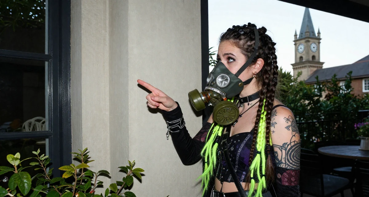 A pensive Female Once a junior chemist, now exploring creative body-lighting concepts in their 25, building a loyal fanbase with tasteful flirty storytelling, wearing a cyber-goth outfit with gas mask and neon dreads, pointing at something nearby in a garden patio.