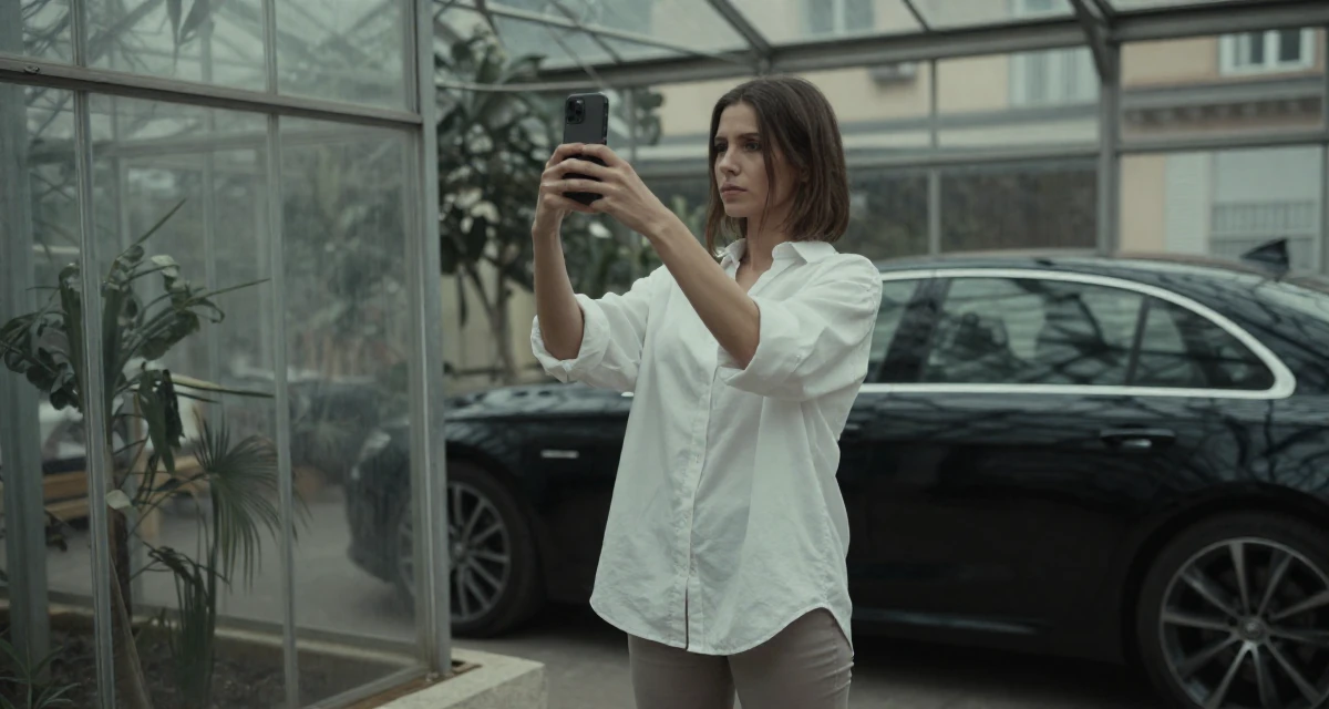 A aloof but intriguing Female From Kraków Poland, studied emotional choreography in contemporary dance in their 37, trying to stabilize income, wearing a oversized white shirt with sleeves rolled up and slim trousers, snapping a photo with a phone in a greenhouse interior.