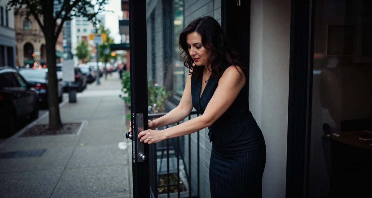 A compassionate Female From Vancouver Canada, majored in fine arts in their 30, carrying the weight of years of hustling online, wearing a pinstripe pencil skirt and a matching vest top, pulling a door open in a city sidewalk.
