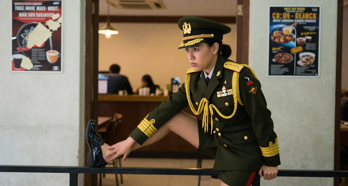 A intense Female From the Philippines, majored in mass media in their 36, focusing on mental health and mindfulness, wearing a military general uniform with gold braiding and a hat, tapping a foot in a office break room.