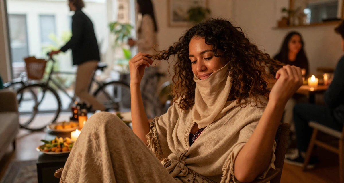 A smiling gently Female From Canada, studied hospitality management in their 23, recovering from early career burnout, wearing a desert nomad wrap outfit with a face veil, twirling a lock of hair in a sunlit living room.