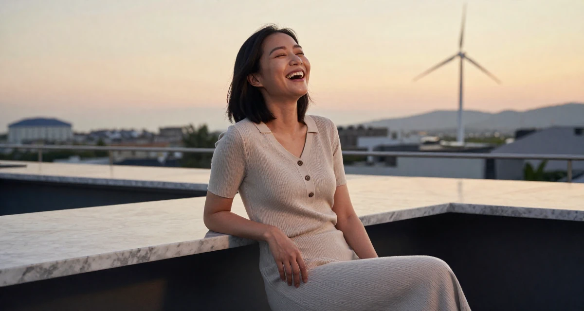 A peaceful Female From Taiwan, based in Kaohsiung, graduated from an arts program majoring in intimate scene design in their 32, managing high-stakes projects with calm, wearing a ribbed cotton dress with buttons down the front, laughing uncontrollably in a rooftop terrace at sunset.