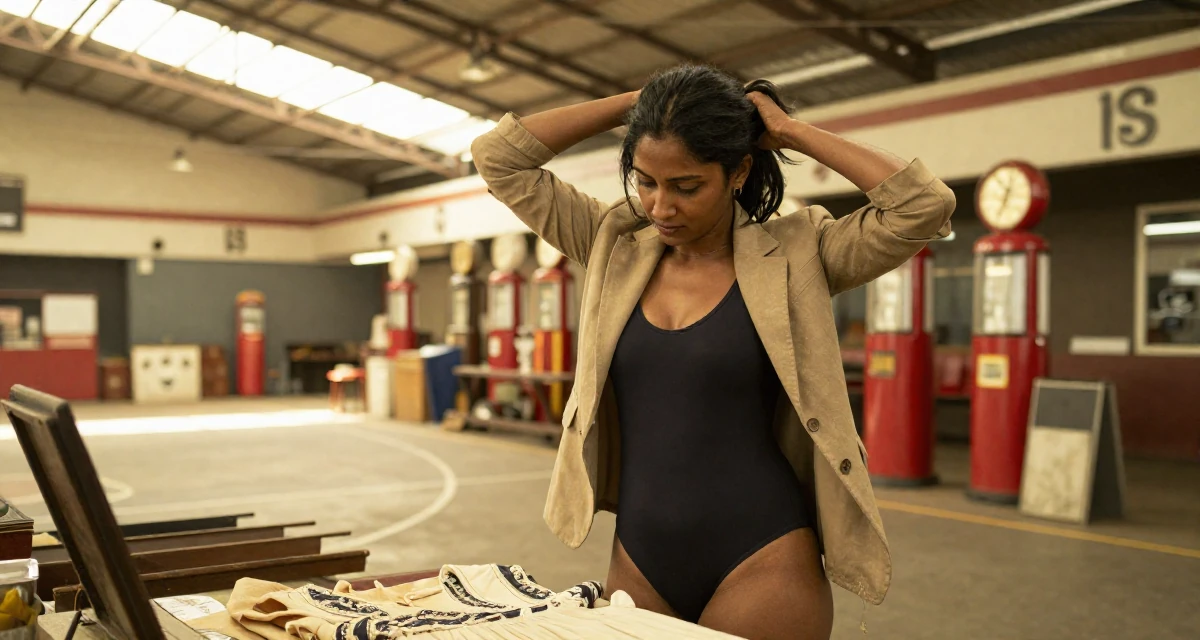 A engrossed Female From Sri Lanka, studied digital commerce in their 49, expert in antique restoration and design, wearing a bodysuit with a blazer and no pants (editorial look), smoothing down a dress in a basketball court.