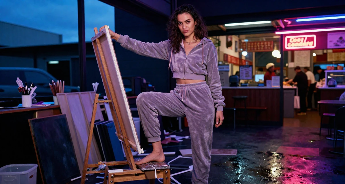 A witty Female From Wellington New Zealand, majored in sociology in their 23, balancing vulnerability and professionalism, wearing a velour tracksuit with a cropped zip-up hoodie, tapping a foot in a messy artist studio.