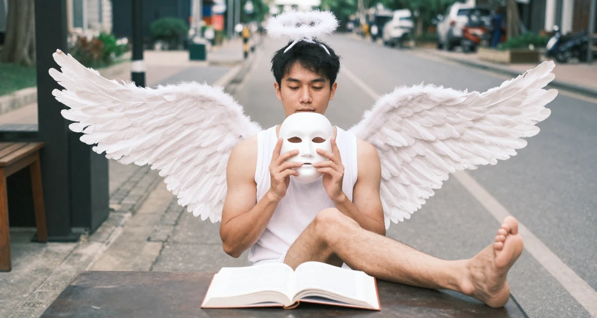 A serene and peaceful male From Vietnam, based in Nha Trang, graduated from a media school majoring in soft-romantic content direction in their 23, pretending everything is fine while barely covering bills, wearing a angel costume with large feathered wings and a halo, holding a mask (cosplay/prop) in a yoga studio.